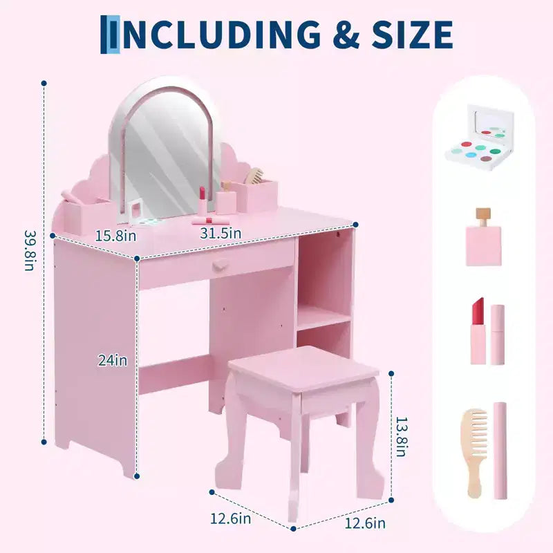 Coiffeuse pour enfants avec miroir lumineux et tabouret, coiffeuse 2 en 1 avec tiroir de rangement et étagères pour filles de 3 à 9 ans, rose