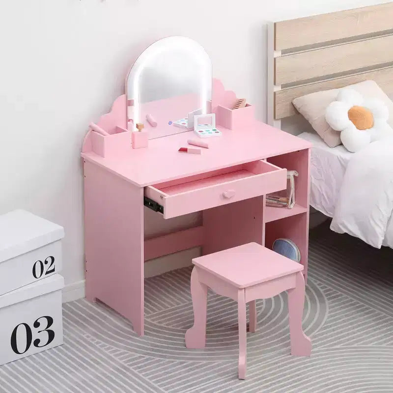 Coiffeuse pour enfants avec miroir lumineux et tabouret, coiffeuse 2 en 1 avec tiroir de rangement et étagères pour filles de 3 à 9 ans, rose