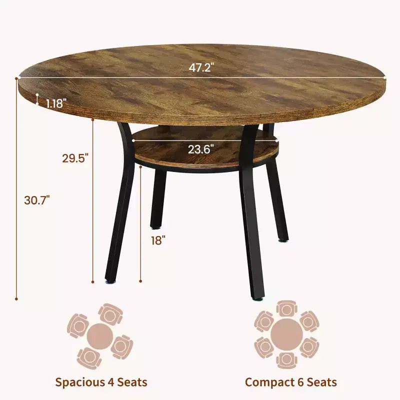 Table à manger ronde de 47 pouces pour 4 à 6 personnes, table de cuisine en bois avec étagère de rangement, table à dîner circulaire moderne, table de petit-déjeuner pour salon, sans chaises