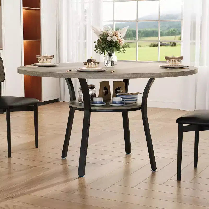 Table à manger ronde de 47 pouces pour 4 à 6 personnes, table de cuisine en bois avec étagère de rangement, table à dîner circulaire moderne, table de petit-déjeuner pour salon, sans chaises