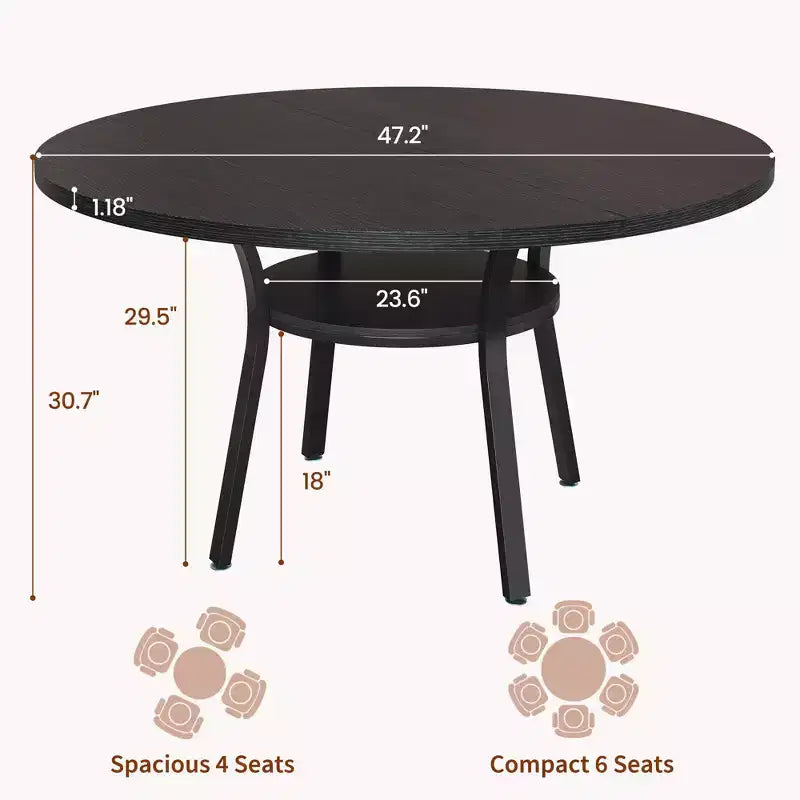 Table à manger ronde de 47 pouces pour 4 à 6 personnes, table de cuisine en bois avec étagère de rangement, table à dîner circulaire moderne, table de petit-déjeuner pour salon, sans chaises