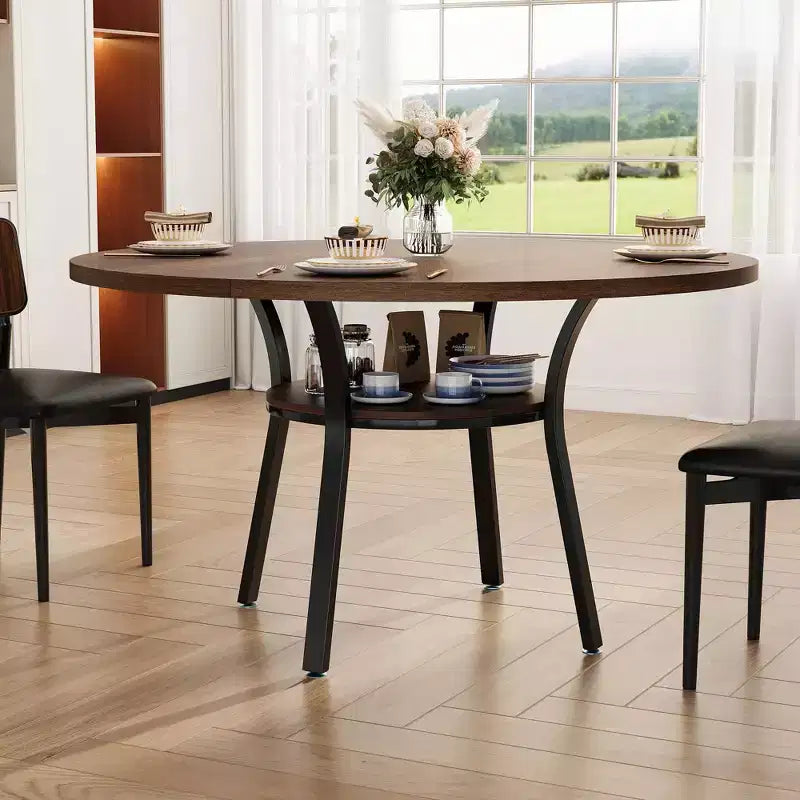 Table à manger ronde de 47 pouces pour 4 à 6 personnes, table de cuisine en bois avec étagère de rangement, table à dîner circulaire moderne, table de petit-déjeuner pour salon, sans chaises