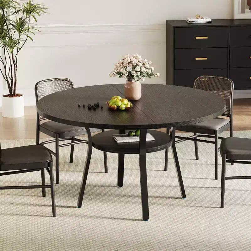 Table à manger ronde de 47 pouces pour 4 à 6 personnes, table de cuisine en bois avec étagère de rangement, table à dîner circulaire moderne, table de petit-déjeuner pour salon, sans chaises
