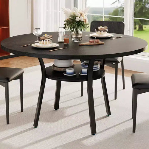 47'' Round Dining Table for 4-6, Wood Kitchen Table with Storage Shelf, Modern Circular Dinner Table, Breakfast Table for Living Room,No Chair