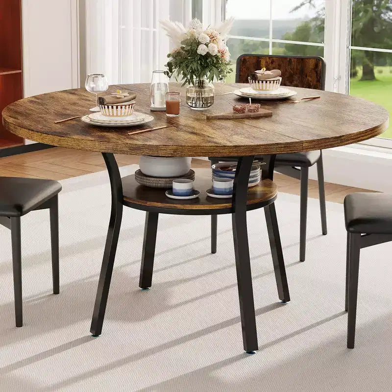 Table à manger ronde de 47 pouces pour 4 à 6 personnes, table de cuisine en bois avec étagère de rangement, table à dîner circulaire moderne, table de petit-déjeuner pour salon, sans chaises