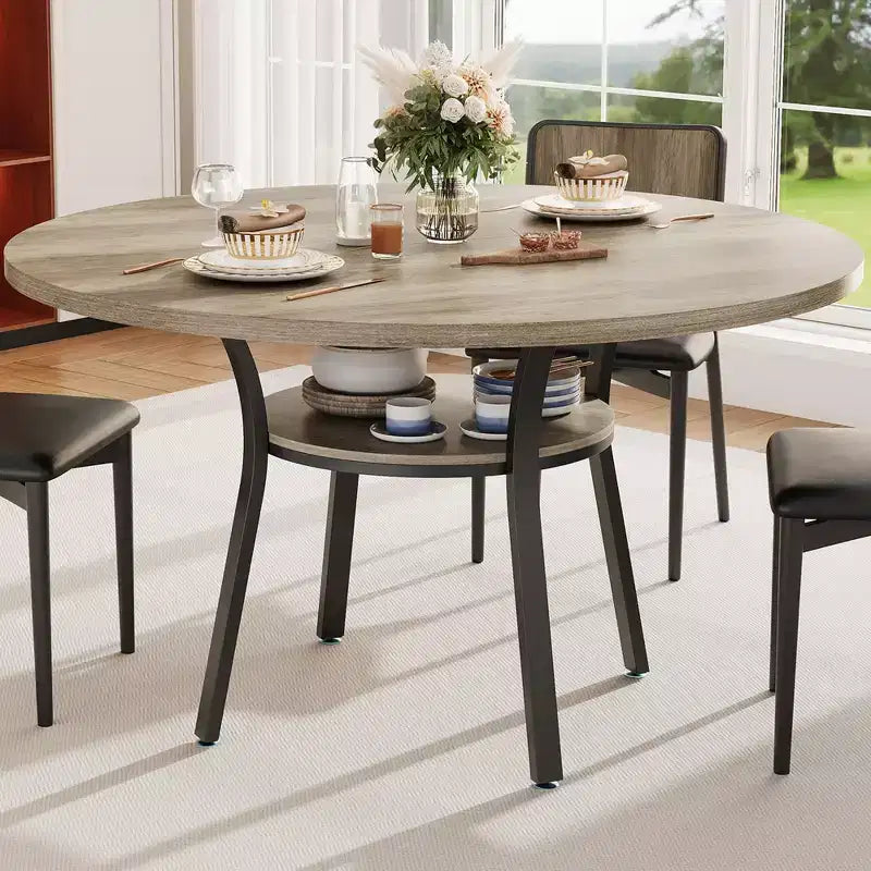 Table à manger ronde de 47 pouces pour 4 à 6 personnes, table de cuisine en bois avec étagère de rangement, table à dîner circulaire moderne, table de petit-déjeuner pour salon, sans chaises