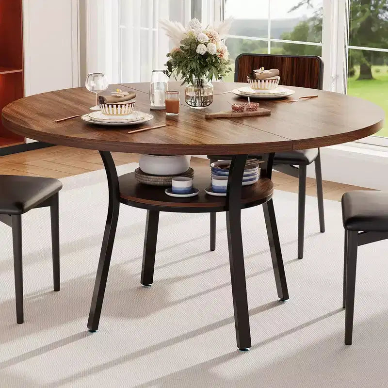 Table à manger ronde de 47 pouces pour 4 à 6 personnes, table de cuisine en bois avec étagère de rangement, table à dîner circulaire moderne, table de petit-déjeuner pour salon, sans chaises