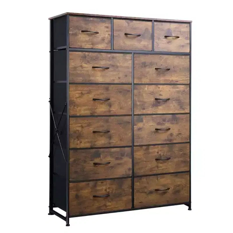 Commode 13 tiroirs en tissu confortable avec cadre métallique, armoire de rangement haute avec plateau en bois, commode pour chambre à coucher, entrée, salon