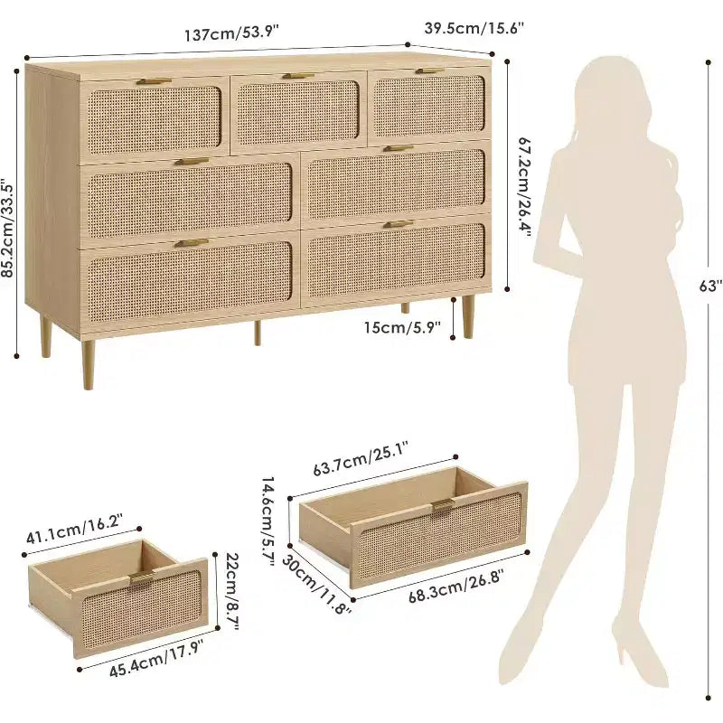 Commode 7 tiroirs en rotin - Grande commode en bois avec tiroirs profonds et plateau large pour chambre, salon, couloir ou dressing