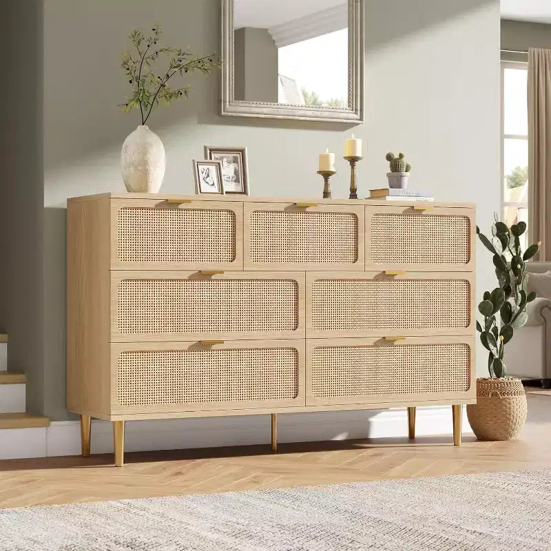 Commode 7 tiroirs en rotin - Grande commode en bois avec tiroirs profonds et plateau large pour chambre, salon, couloir ou dressing