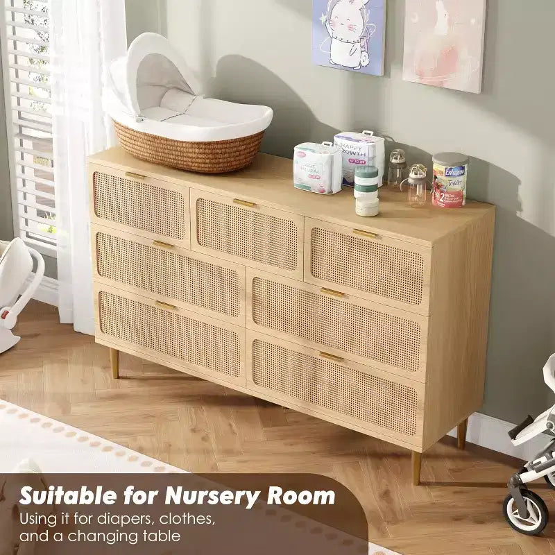 Commode 7 tiroirs en rotin - Grande commode en bois avec tiroirs profonds et plateau large pour chambre, salon, couloir ou dressing