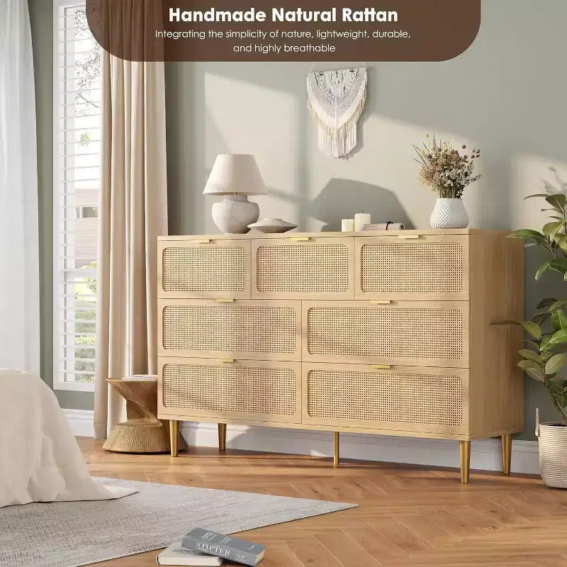 Commode 7 tiroirs en rotin - Grande commode en bois avec tiroirs profonds et plateau large pour chambre, salon, couloir ou dressing