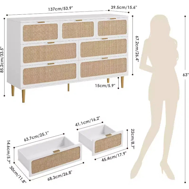 Commode 7 tiroirs en rotin - Grande commode en bois avec tiroirs profonds et plateau large pour chambre, salon, couloir ou dressing