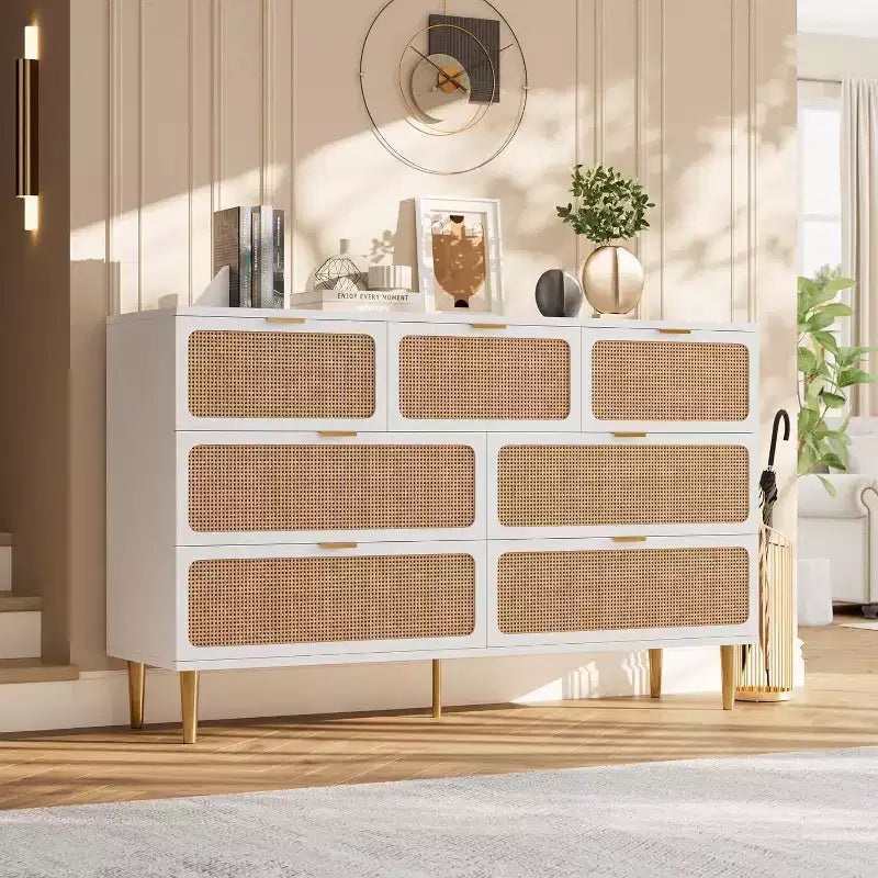 Commode 7 tiroirs en rotin - Grande commode en bois avec tiroirs profonds et plateau large pour chambre, salon, couloir ou dressing