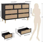 Commode 7 tiroirs en rotin - Grande commode en bois avec tiroirs profonds et plateau large pour chambre, salon, couloir ou dressing