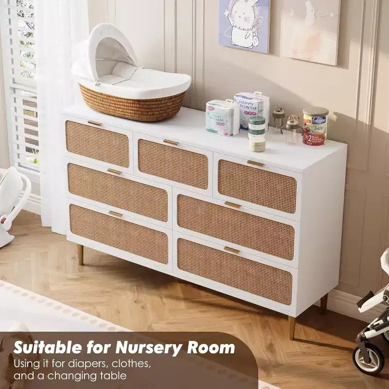 Commode 7 tiroirs en rotin - Grande commode en bois avec tiroirs profonds et plateau large pour chambre, salon, couloir ou dressing