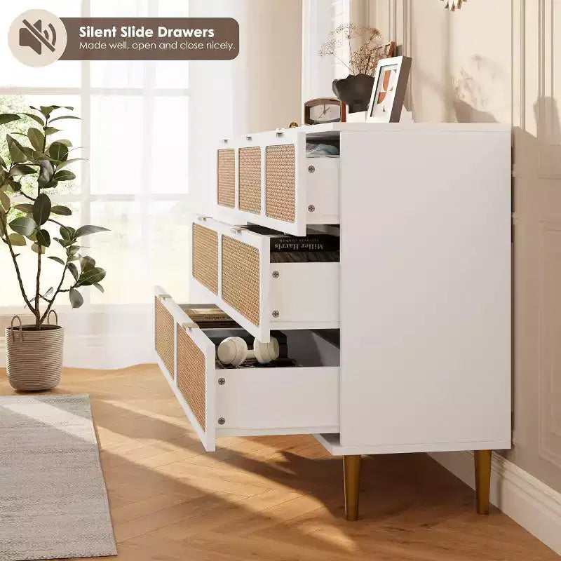 Commode 7 tiroirs en rotin - Grande commode en bois avec tiroirs profonds et plateau large pour chambre, salon, couloir ou dressing