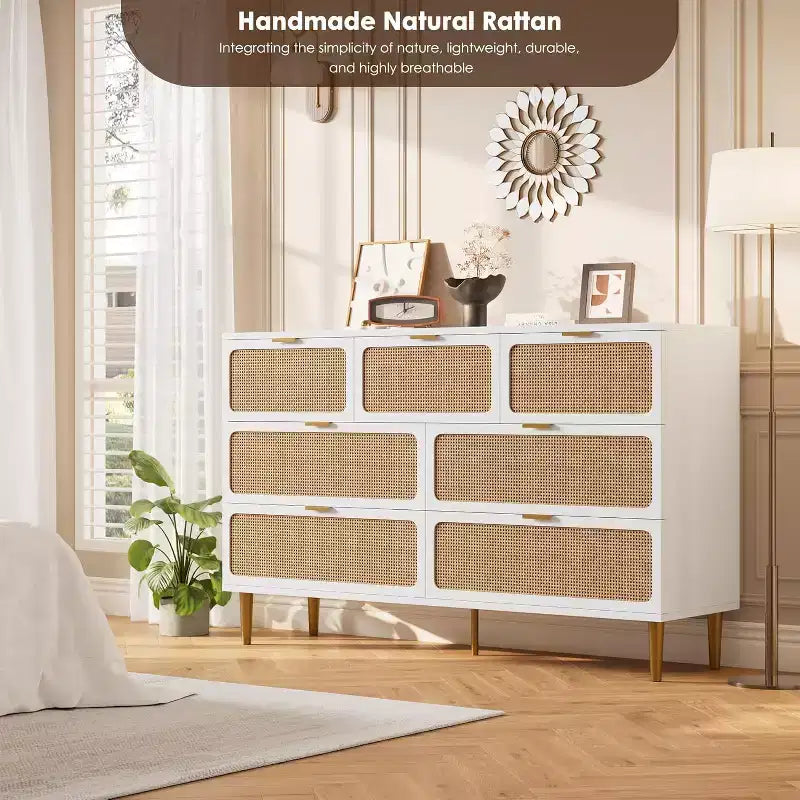 Commode 7 tiroirs en rotin - Grande commode en bois avec tiroirs profonds et plateau large pour chambre, salon, couloir ou dressing