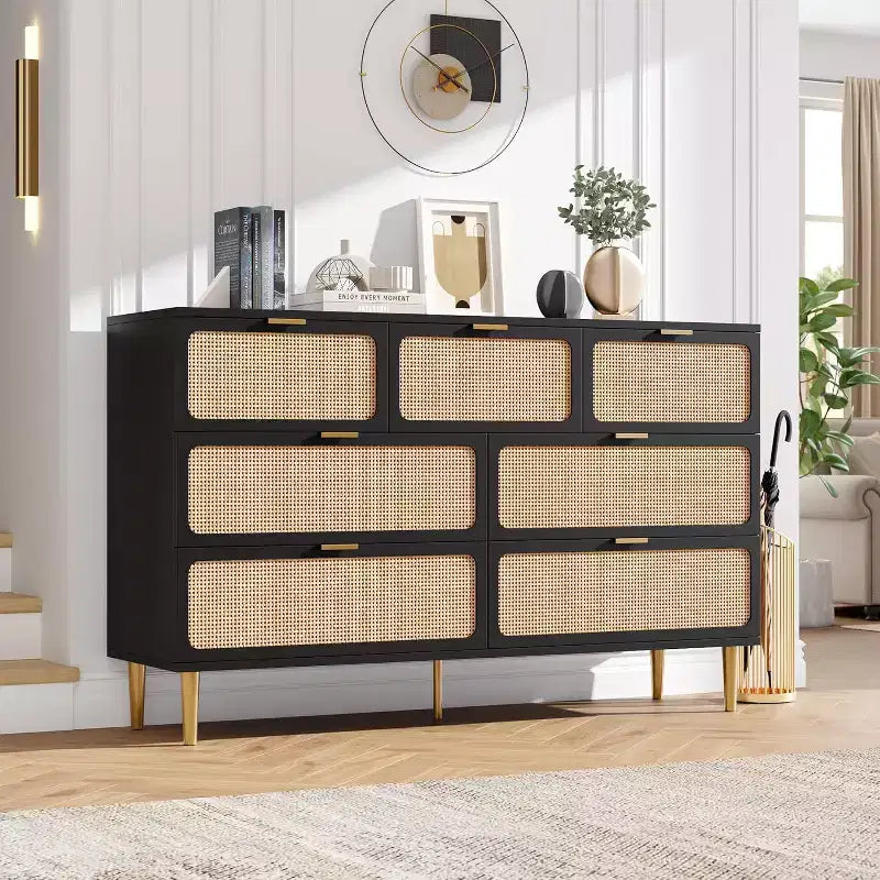 Commode 7 tiroirs en rotin - Grande commode en bois avec tiroirs profonds et plateau large pour chambre, salon, couloir ou dressing