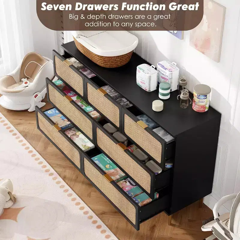 Commode 7 tiroirs en rotin - Grande commode en bois avec tiroirs profonds et plateau large pour chambre, salon, couloir ou dressing