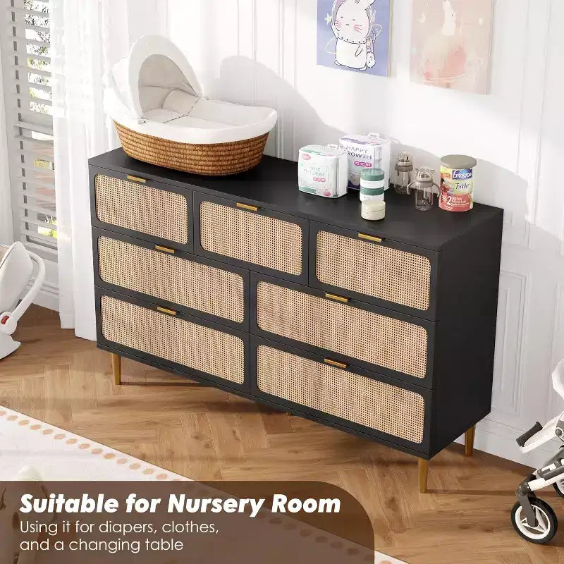 Commode 7 tiroirs en rotin - Grande commode en bois avec tiroirs profonds et plateau large pour chambre, salon, couloir ou dressing