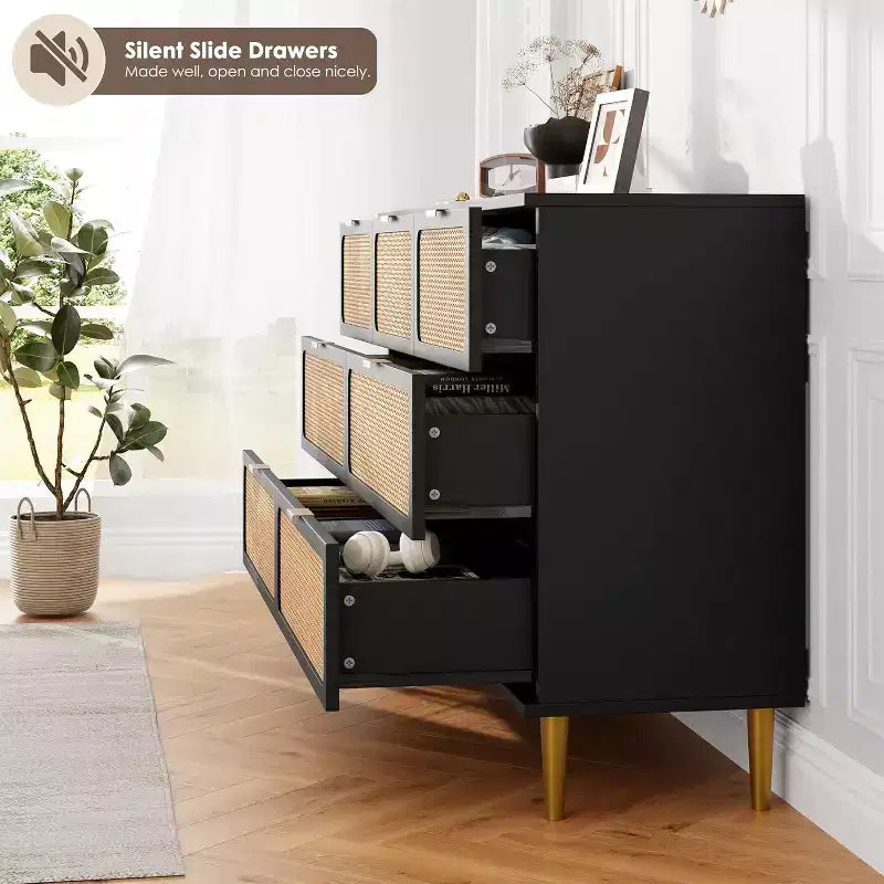 Commode 7 tiroirs en rotin - Grande commode en bois avec tiroirs profonds et plateau large pour chambre, salon, couloir ou dressing