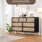 Commode 7 tiroirs en rotin - Grande commode en bois avec tiroirs profonds et plateau large pour chambre, salon, couloir ou dressing