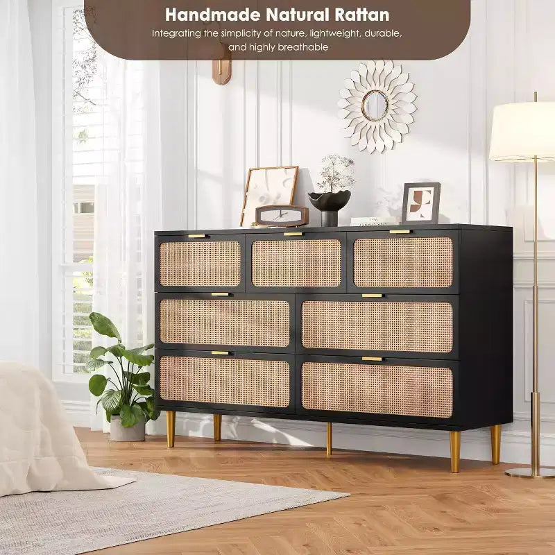 Commode 7 tiroirs en rotin - Grande commode en bois avec tiroirs profonds et plateau large pour chambre, salon, couloir ou dressing