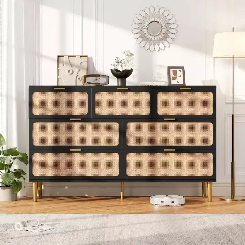 7-Drawer Rattan Dresser - Tall Wooden Chest with Deep Drawers & Wide Top for Bedroom, Living Room, Hallway or Closet