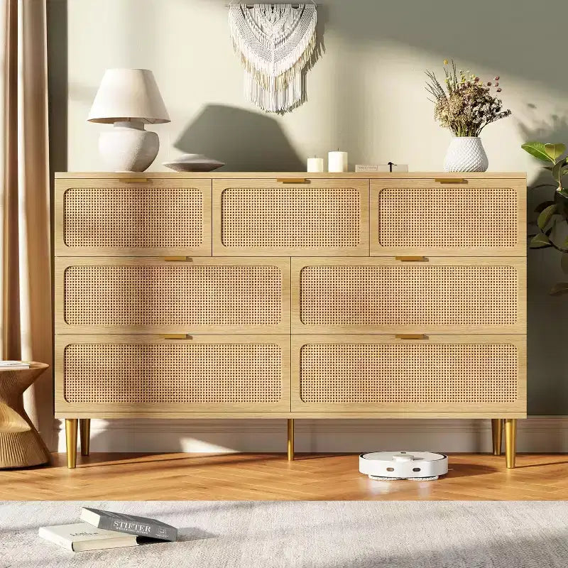 Commode 7 tiroirs en rotin - Grande commode en bois avec tiroirs profonds et plateau large pour chambre, salon, couloir ou dressing