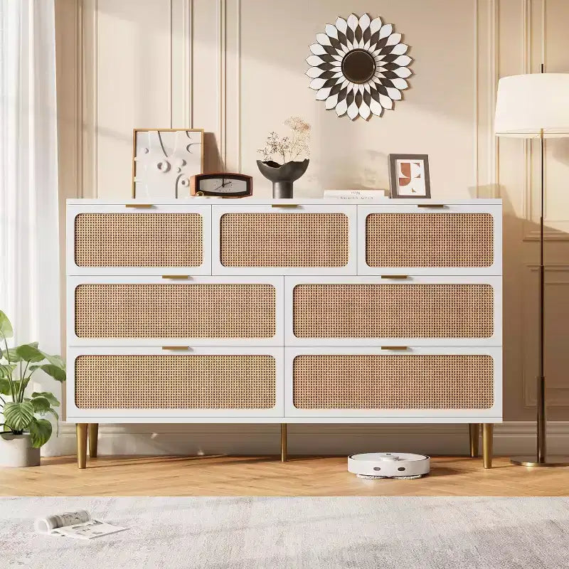 Commode 7 tiroirs en rotin - Grande commode en bois avec tiroirs profonds et plateau large pour chambre, salon, couloir ou dressing