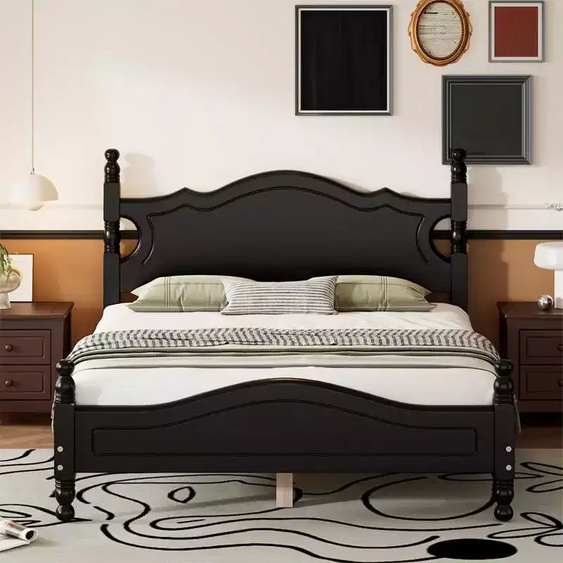 Lit cabane en bois, taille double/grand, assemblage facile, lit plate-forme, sommier tapissier non requis, support de matelas à lattes en bois, noir_taille double