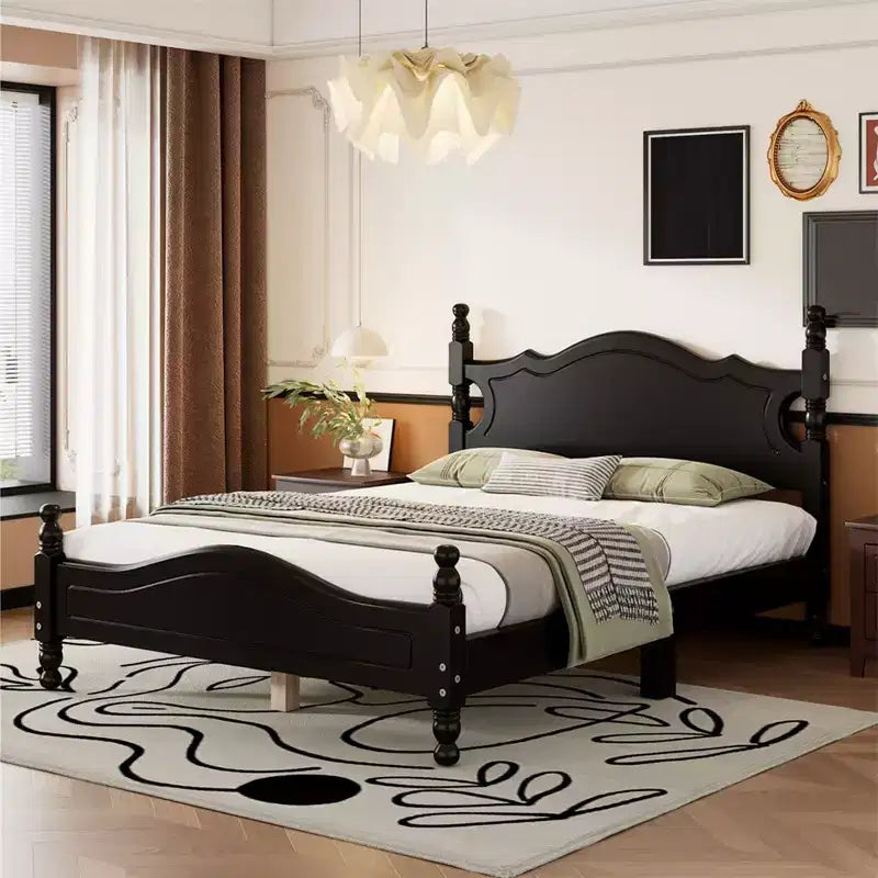 Lit cabane en bois, taille double/grand, assemblage facile, lit plate-forme, sommier tapissier non requis, support de matelas à lattes en bois, noir_taille double