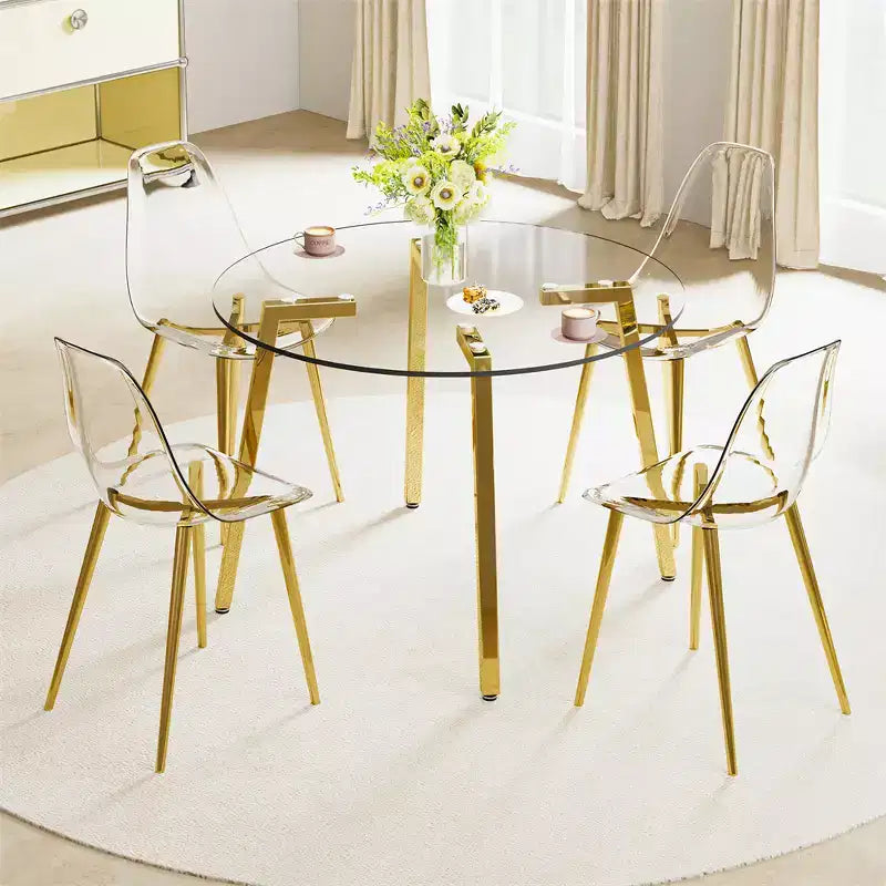 Table basse, style minimaliste moderne, table circulaire en verre trempé transparent, plateau de table en verre trempé, pieds de table en métal, doré