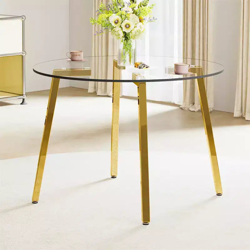 Table basse, style minimaliste moderne, table circulaire en verre trempé transparent, plateau de table en verre trempé, pieds de table en métal, doré