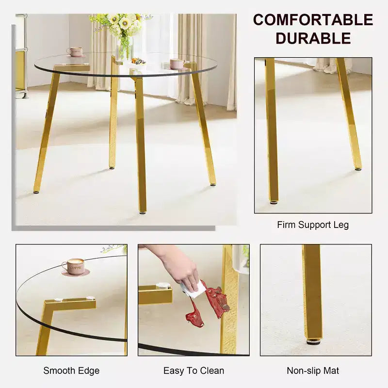 Table basse, style minimaliste moderne, table circulaire en verre trempé transparent, plateau de table en verre trempé, pieds de table en métal, doré
