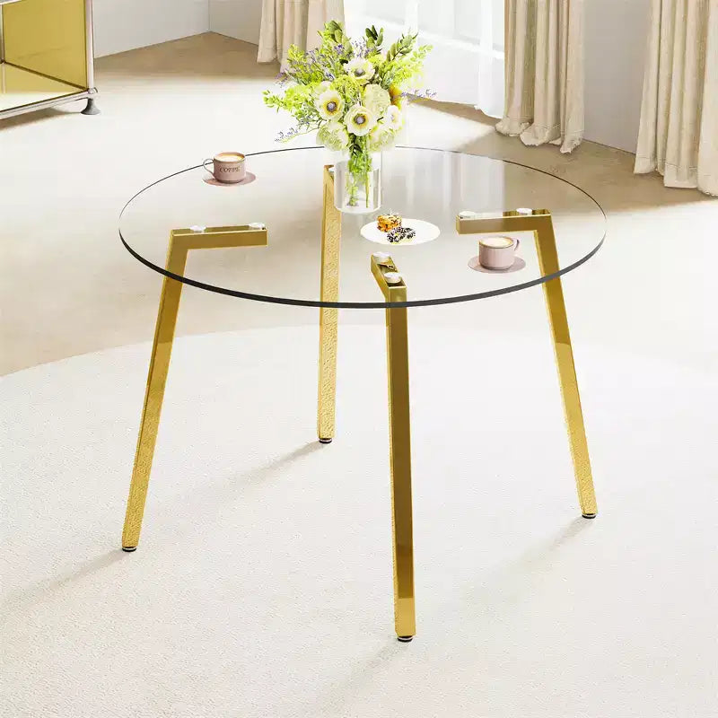 Table basse, style minimaliste moderne, table circulaire en verre trempé transparent, plateau de table en verre trempé, pieds de table en métal, doré