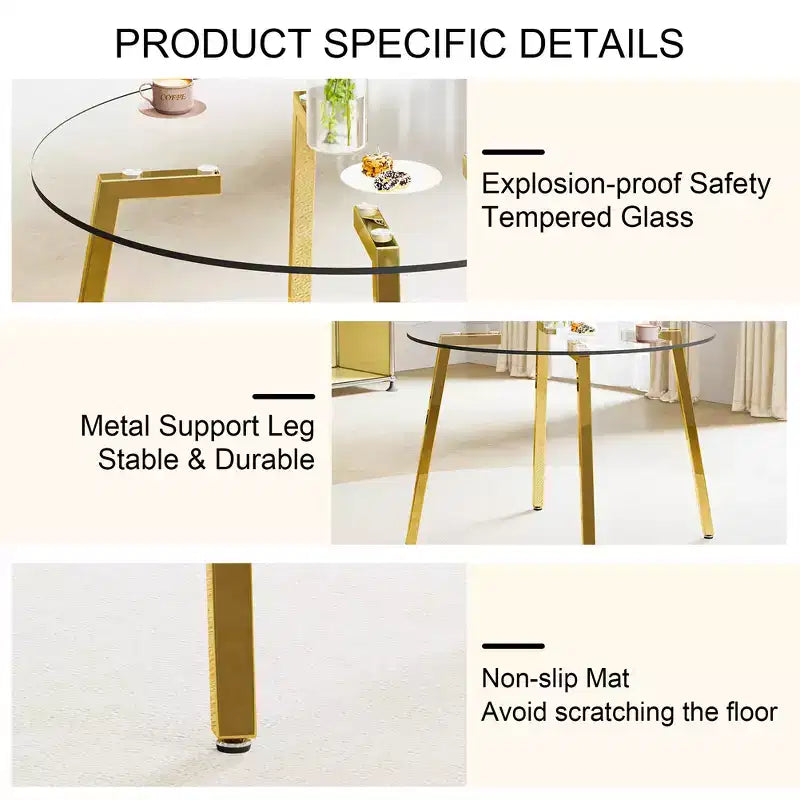 Table basse, style minimaliste moderne, table circulaire en verre trempé transparent, plateau de table en verre trempé, pieds de table en métal, doré