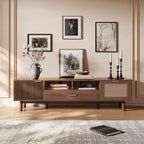 Meuble TV en bois brun de 170 cm pour téléviseurs jusqu'à 75 pouces, avec portes à fermeture douce et porte abattante, pour salon ou chambre à coucher.
