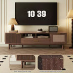 Meuble TV en bois brun de 170 cm pour téléviseurs jusqu'à 75 pouces, avec portes à fermeture douce et porte abattante, pour salon ou chambre à coucher.