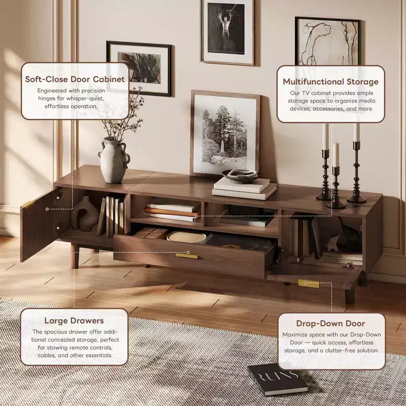 Meuble TV en bois brun de 170 cm pour téléviseurs jusqu'à 75 pouces, avec portes à fermeture douce et porte abattante, pour salon ou chambre à coucher.