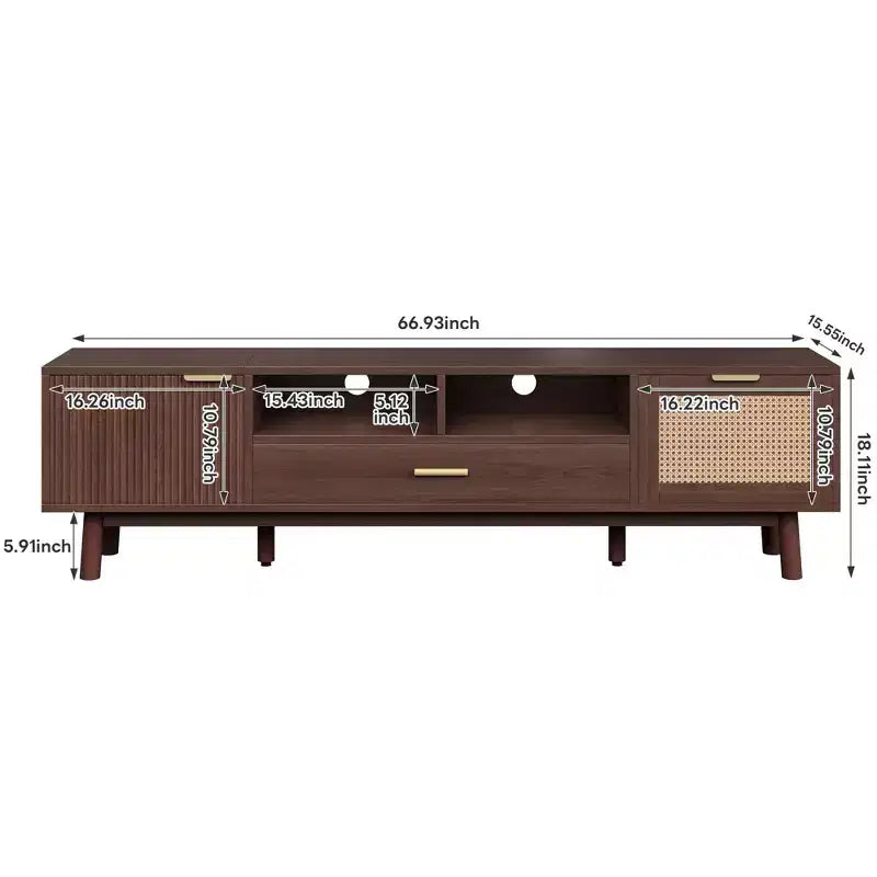 Meuble TV en bois brun de 170 cm pour téléviseurs jusqu'à 75 pouces, avec portes à fermeture douce et porte abattante, pour salon ou chambre à coucher.