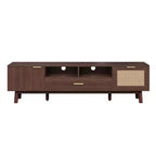 Meuble TV en bois brun de 170 cm pour téléviseurs jusqu'à 75 pouces, avec portes à fermeture douce et porte abattante, pour salon ou chambre à coucher.