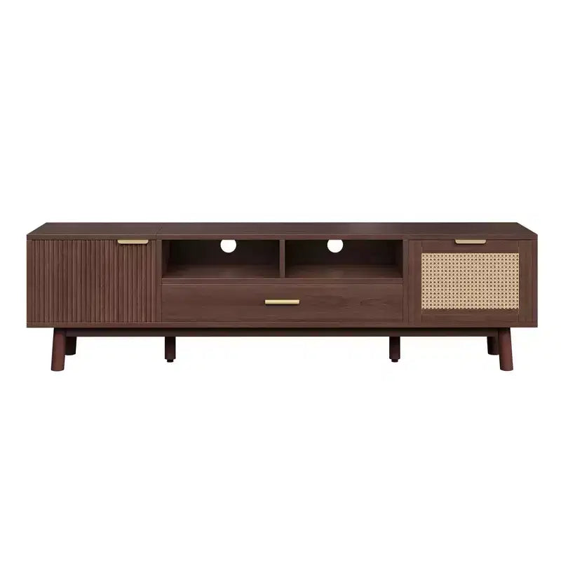 Meuble TV en bois brun de 170 cm pour téléviseurs jusqu'à 75 pouces, avec portes à fermeture douce et porte abattante, pour salon ou chambre à coucher.