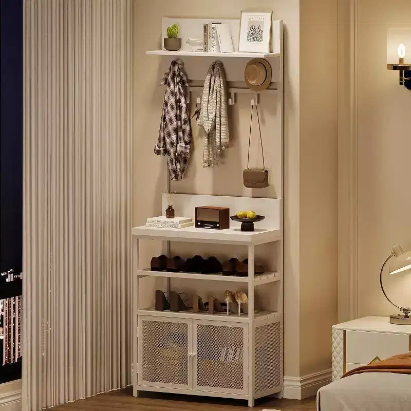 Hall Tree Coat Rack, 185cm White Narrow Entryway Organizer  7 Hooks 3-Tier Shoe Shelf Metal Frame MDF Cabinet for Mudroom/Bedroom/Hallway