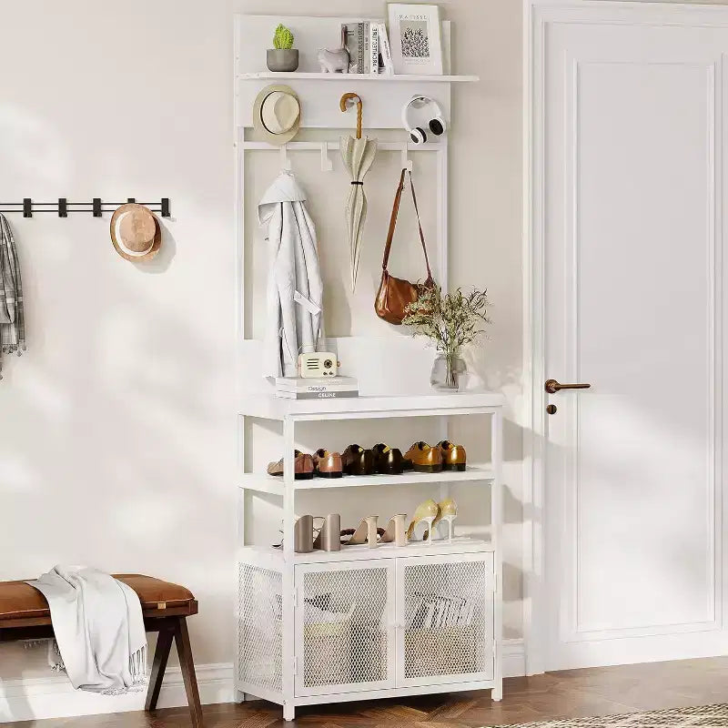 Meuble d'entrée avec porte-manteau, 185 cm, blanc, organiseur étroit, 7 crochets, étagère à chaussures à 3 niveaux, structure en métal, armoire en MDF pour vestiaire/chambre/couloir