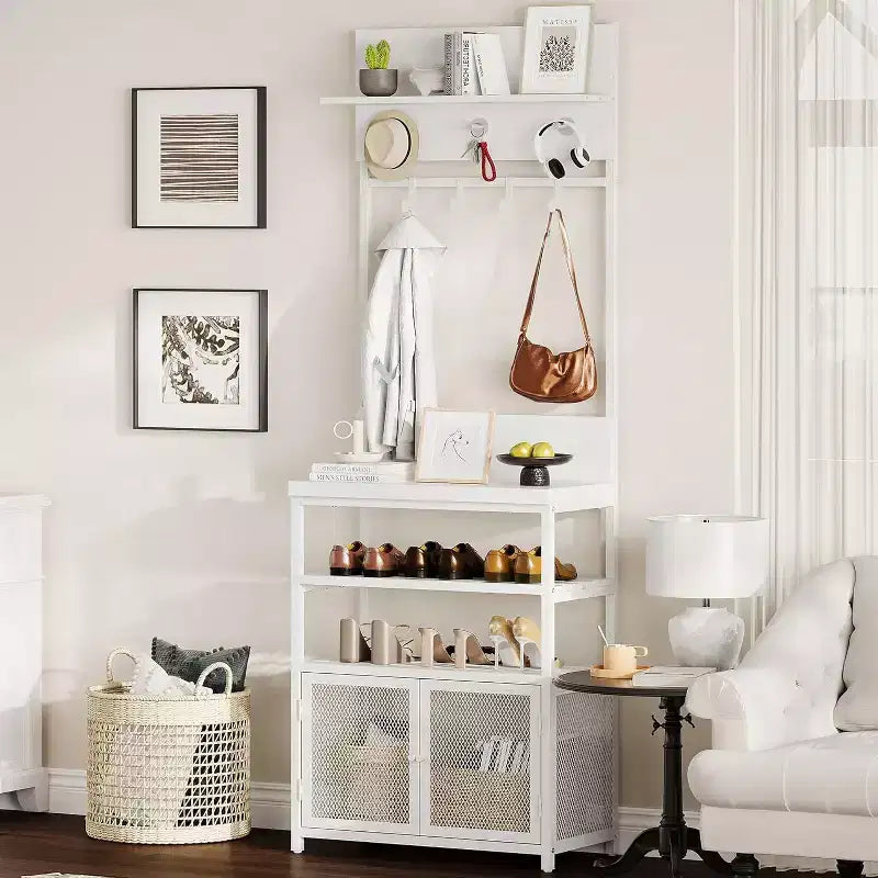 Meuble d'entrée avec porte-manteau, 185 cm, blanc, organiseur étroit, 7 crochets, étagère à chaussures à 3 niveaux, structure en métal, armoire en MDF pour vestiaire/chambre/couloir