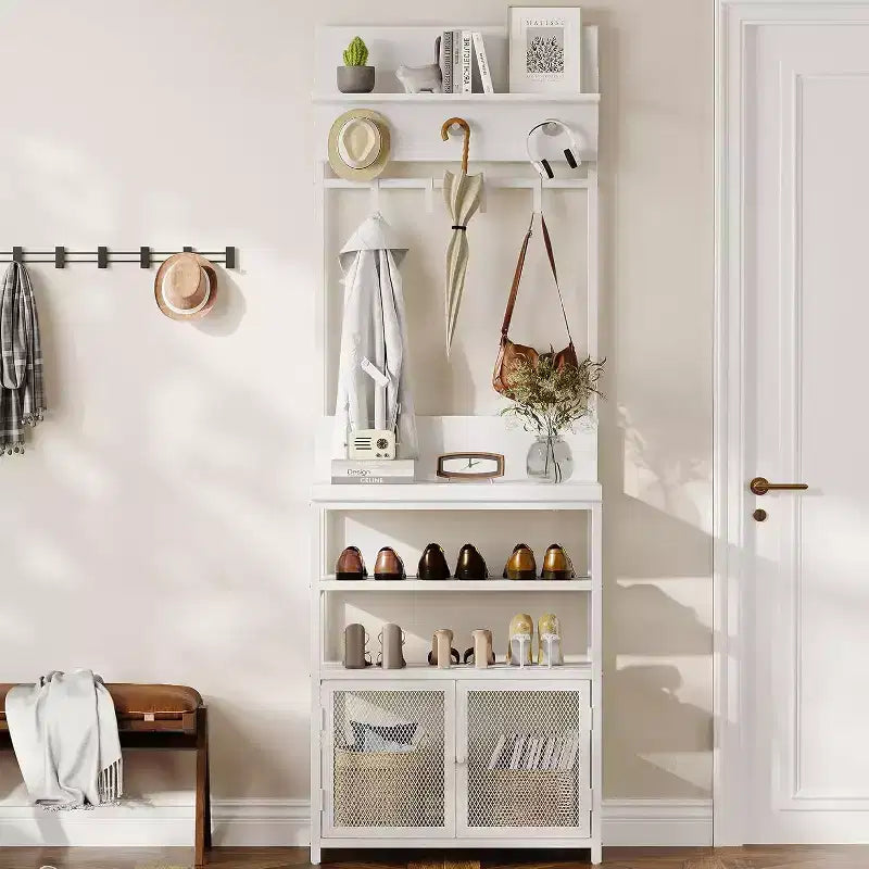 Meuble d'entrée avec porte-manteau, 185 cm, blanc, organiseur étroit, 7 crochets, étagère à chaussures à 3 niveaux, structure en métal, armoire en MDF pour vestiaire/chambre/couloir