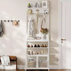 Meuble d'entrée avec porte-manteau, 185 cm, blanc, organiseur étroit, 7 crochets, étagère à chaussures à 3 niveaux, structure en métal, armoire en MDF pour vestiaire/chambre/couloir