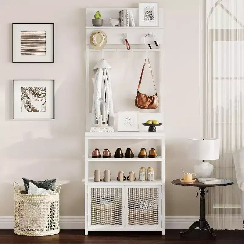 Meuble d'entrée avec porte-manteau, 185 cm, blanc, organiseur étroit, 7 crochets, étagère à chaussures à 3 niveaux, structure en métal, armoire en MDF pour vestiaire/chambre/couloir